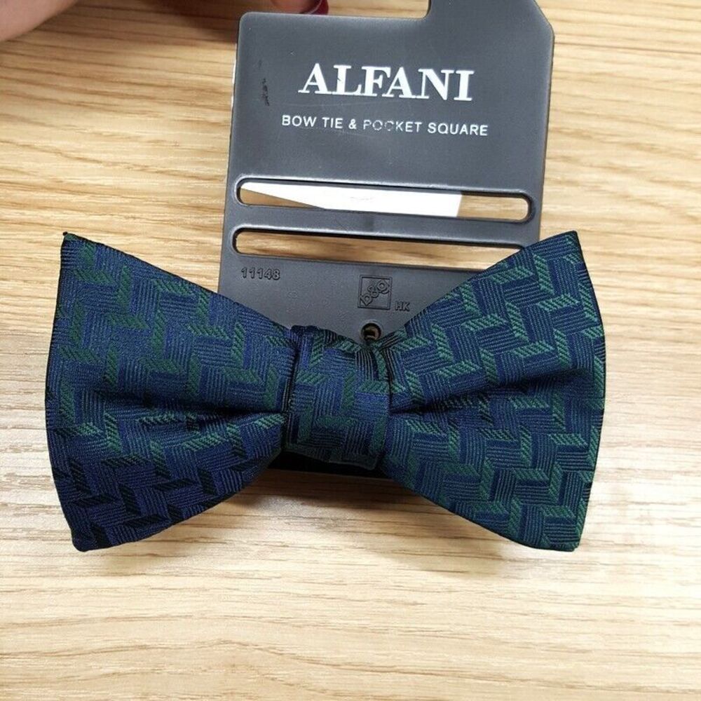 ALFANI Bow Tie Blue Green Grid Geometric Pattern